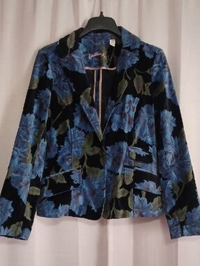 Caribbean Joe Vintage Blue Black Floral Burnout Velvet Blazer Jacket Soft Grunge